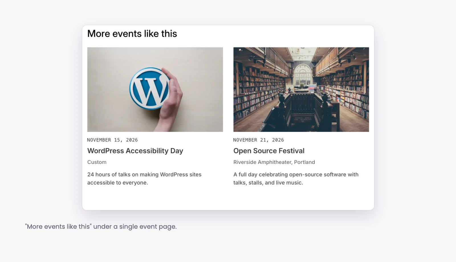 Related Events module showing more events below a single event page