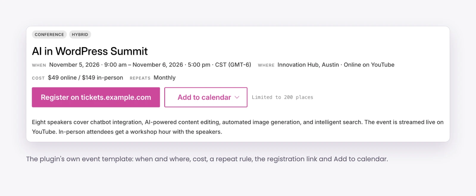 Single event page with date and time, venue, cost, registration link and add to calendar