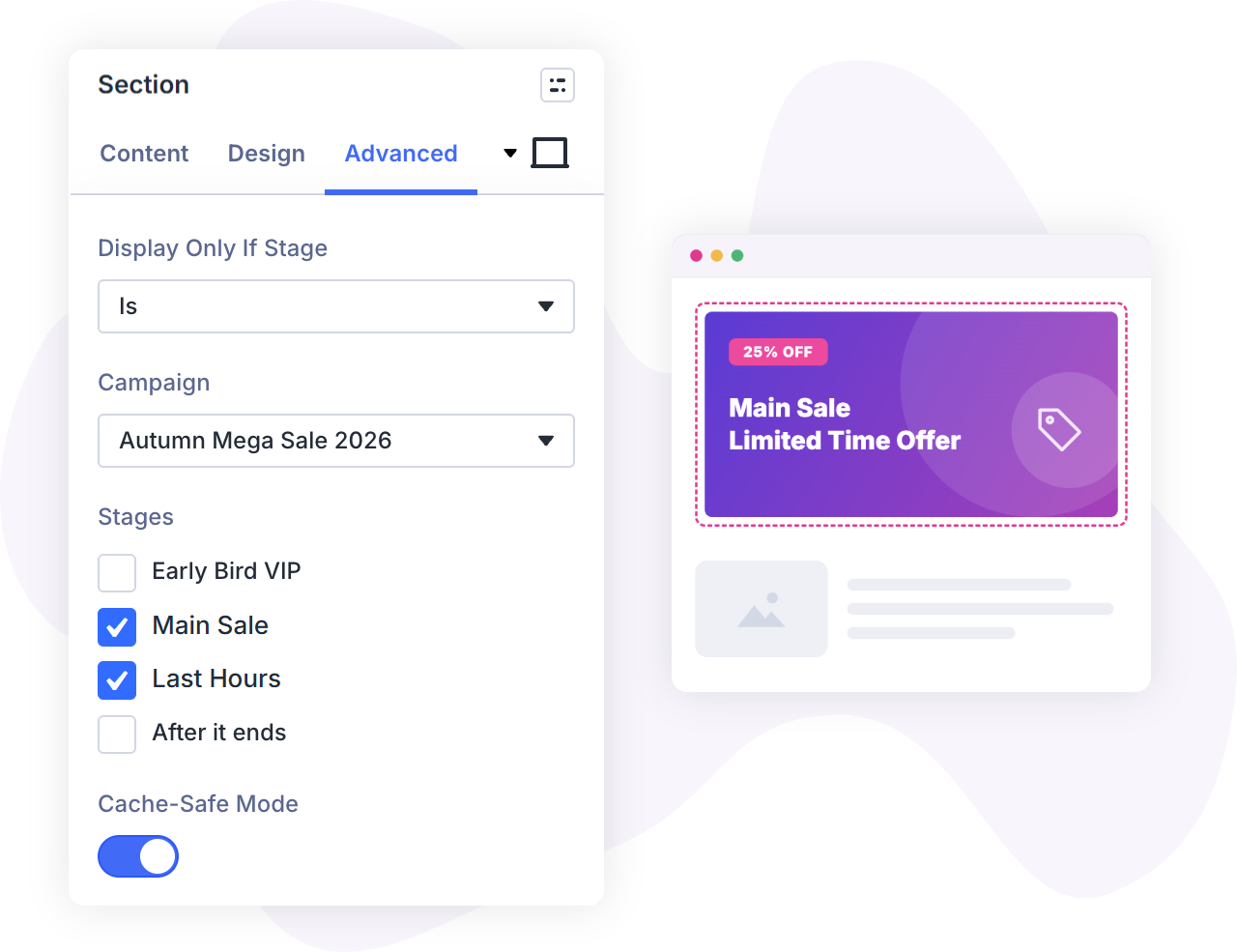 Campaign Stage display condition limiting a section in Divi to the main sale and last hours stages