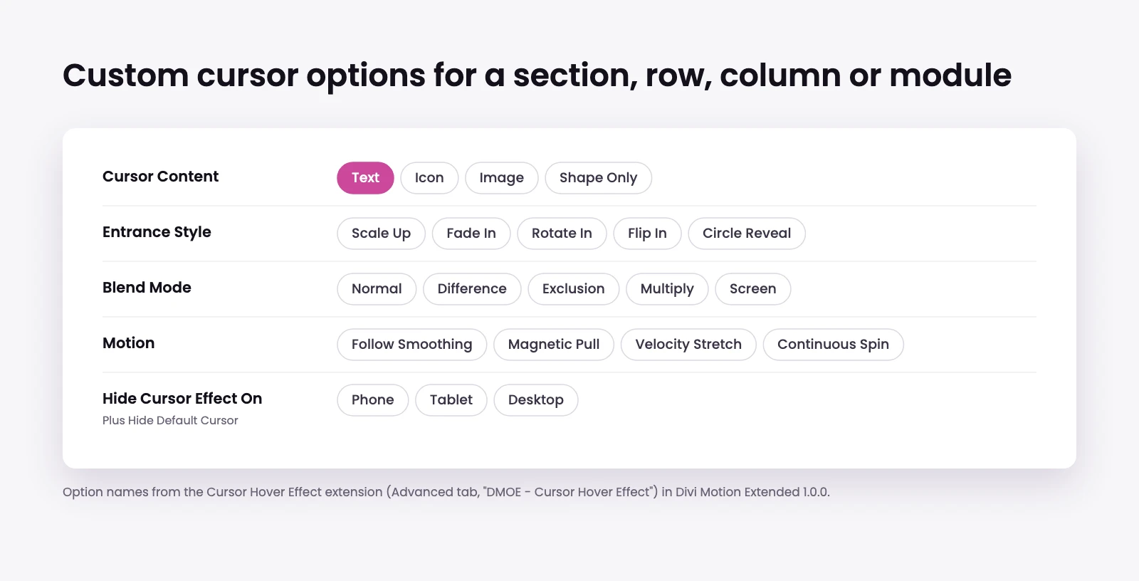 Cursor Hover Effect options: cursor content, entrance style, blend mode and per-device switches