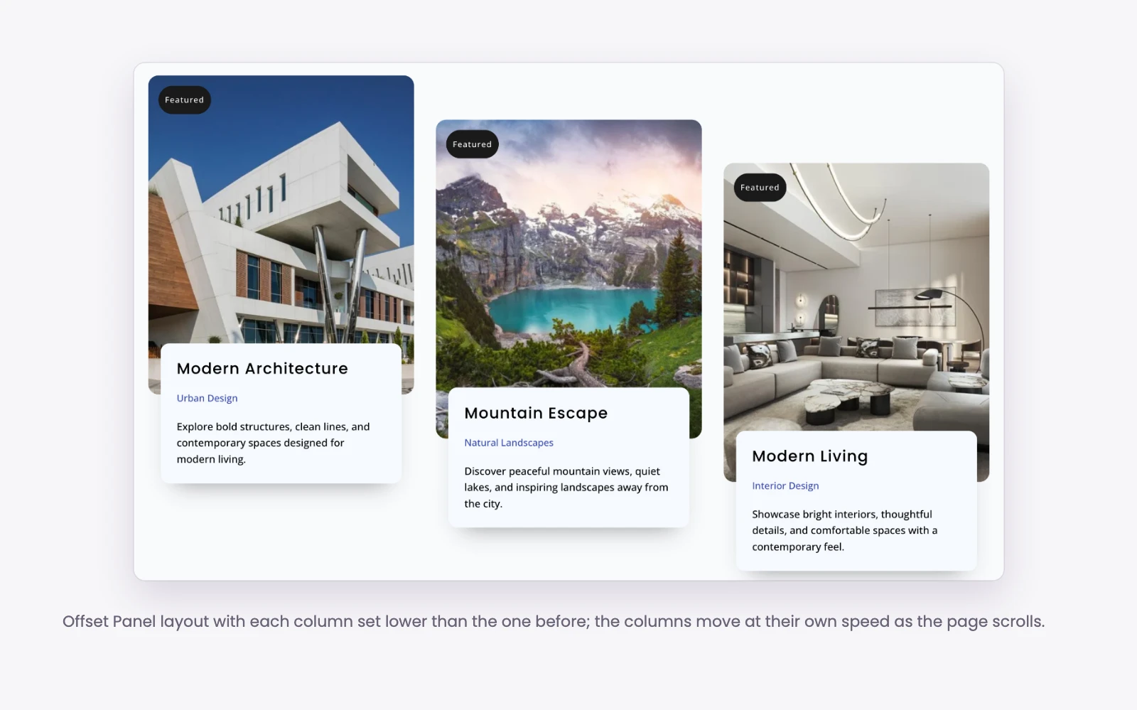 Parallax card grid with each column set at a different height
