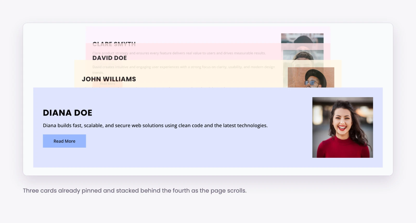 Cards pinned and stacking on top of each other while scrolling