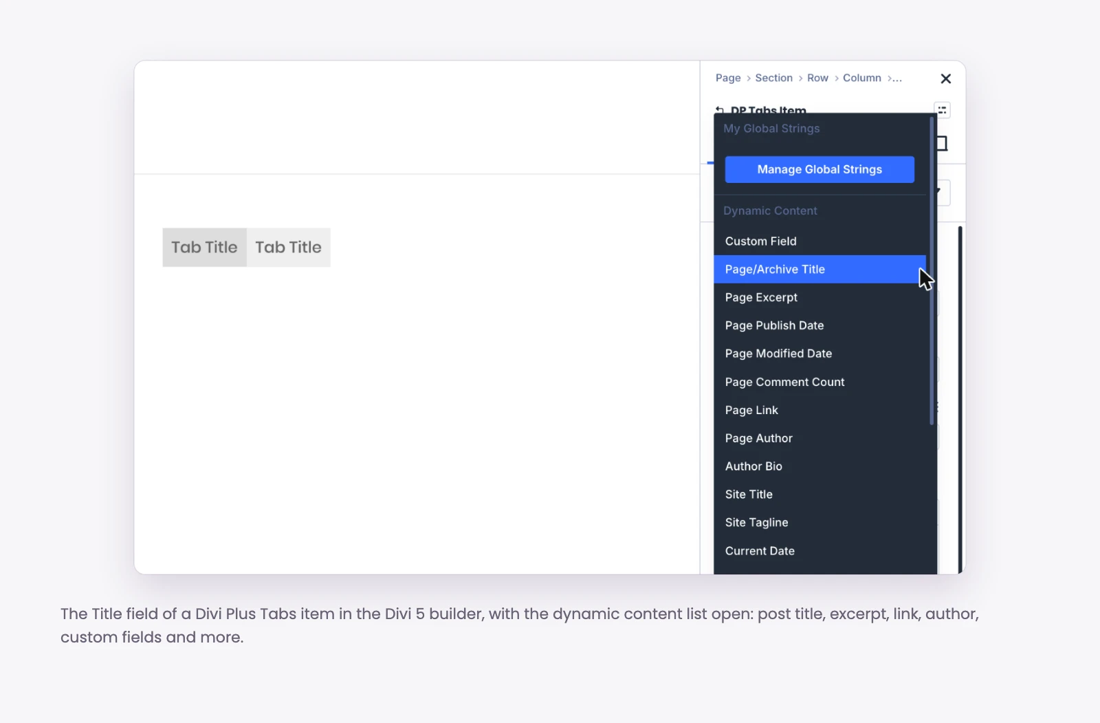Dynamic content picker on a Divi Plus module title field in the Divi 5 builder