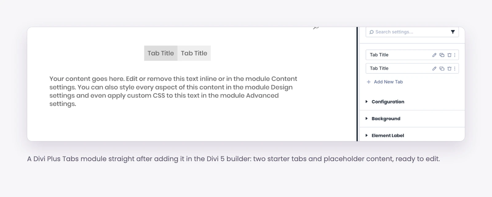 Divi Plus Tabs module showing starter items and placeholder content in the Divi 5 builder