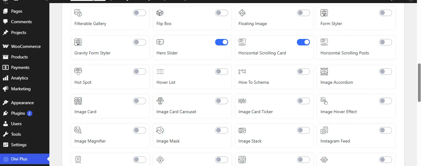 Divi Plus module settings in the WordPress dashboard with the Horizontal Scrolling Card toggle switched on.
