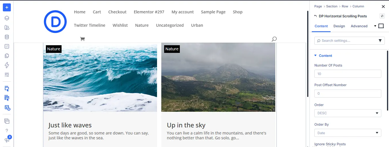 Horizontal Scrolling Posts module showing two blog post cards with the Number of Posts, Order, and Order By settings in the sidebar.
