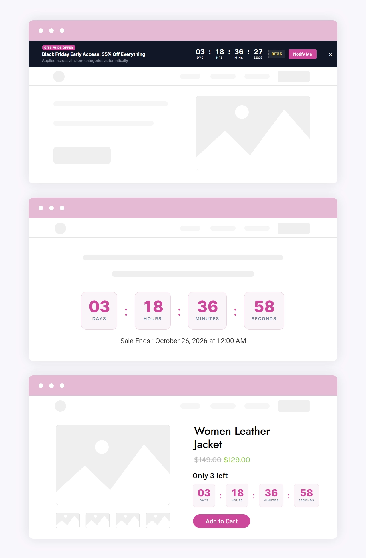 One sale campaign shown as a site-wide bar, a hero countdown and a product page countdown in Divi 5