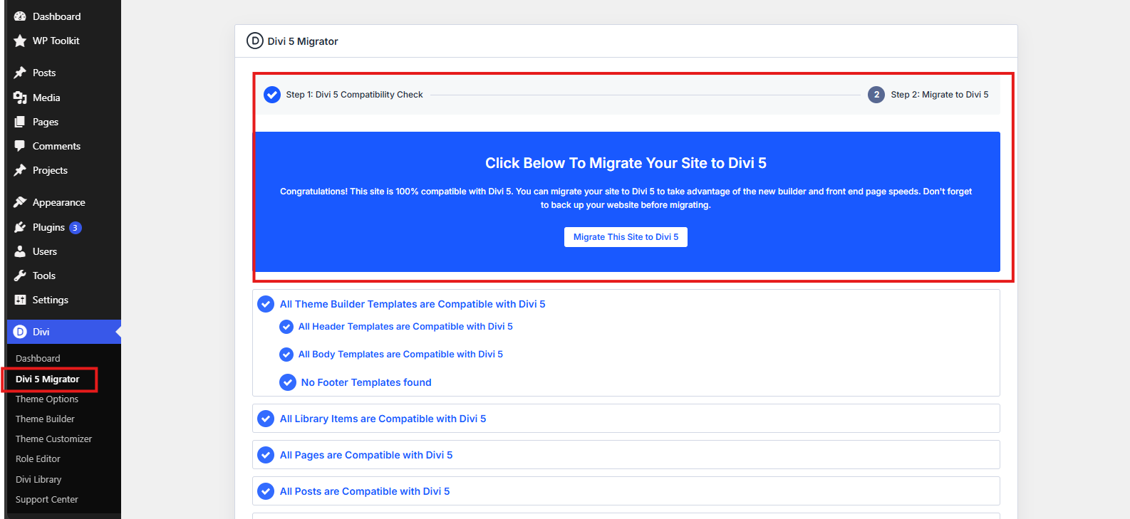 Image showing the scan results for Divi 5 Migrator.