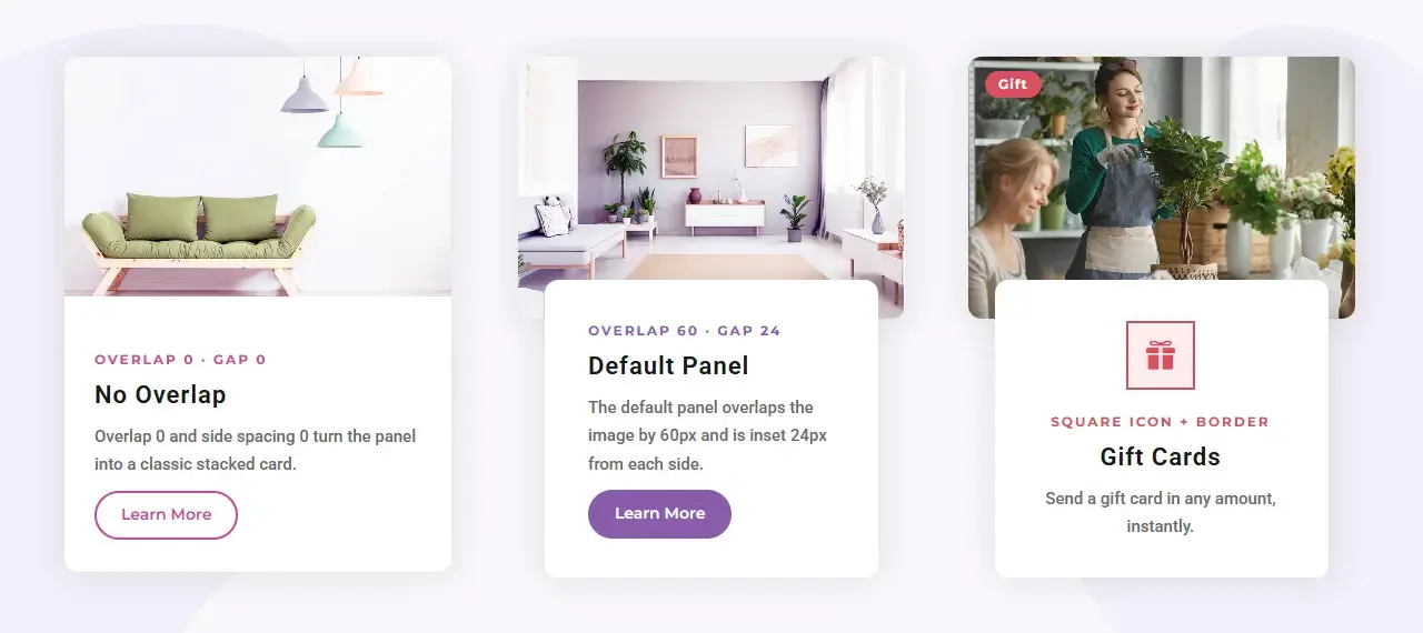 Panel Card blurb layout for Divi with the content panel overlapping the image at three depths