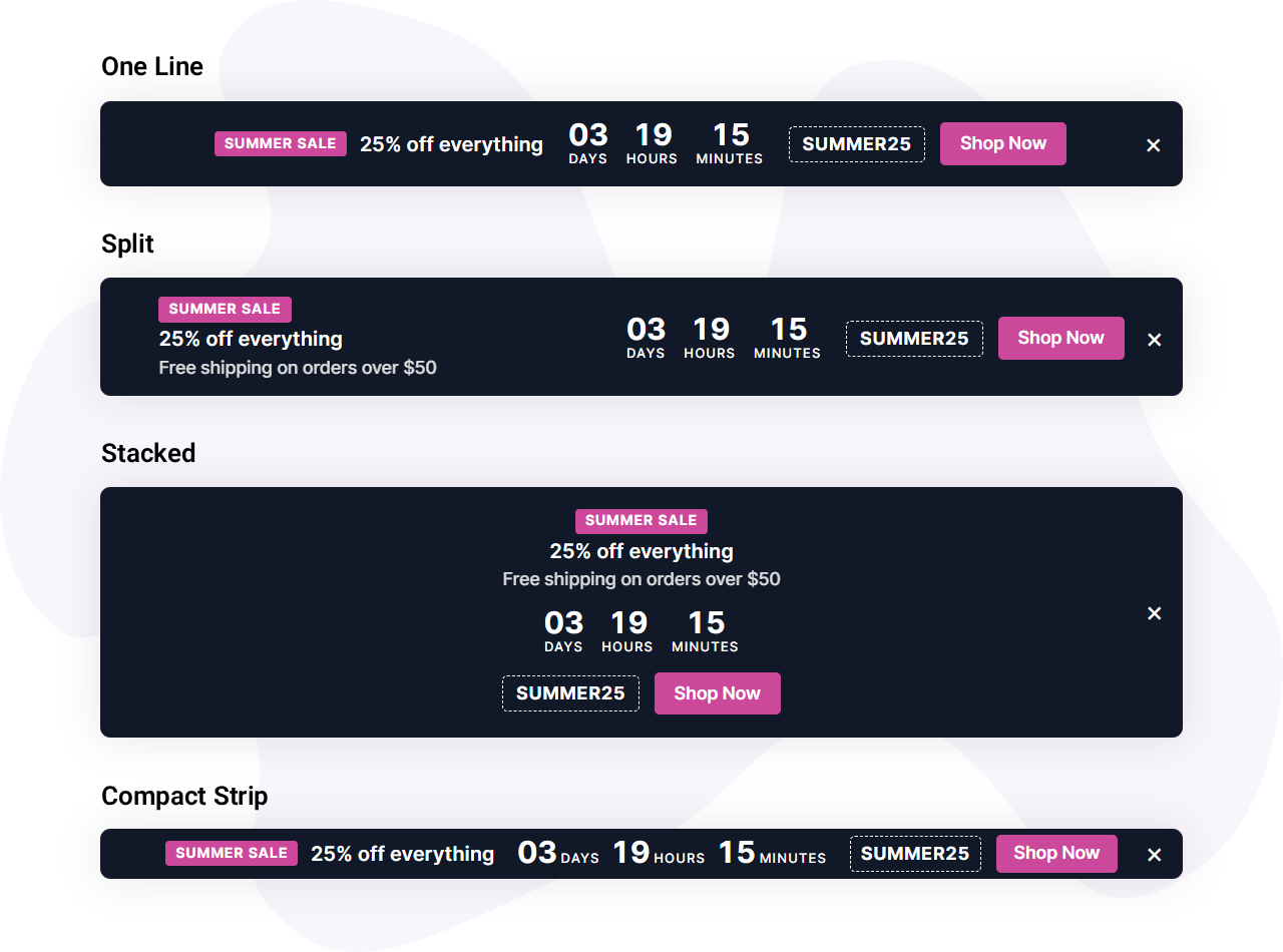 Promo Bar layouts One line, Split, Stacked and Compact strip compared on a Divi 5 page