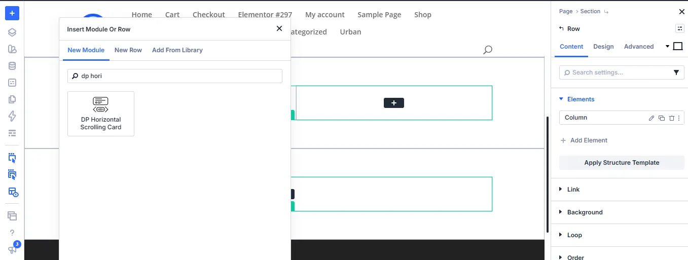 Divi 5 Insert Module dialog with dp hori typed in the search field and the DP Horizontal Scrolling Card module shown.