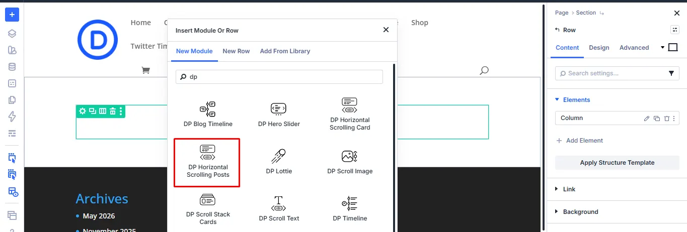 Divi 5 Insert Module dialog filtered by dp with the DP Horizontal Scrolling Posts module highlighted.
