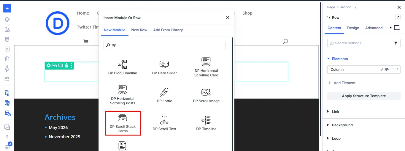 Divi 5 Insert Module dialog with the DP Scroll Stack Cards module highlighted.