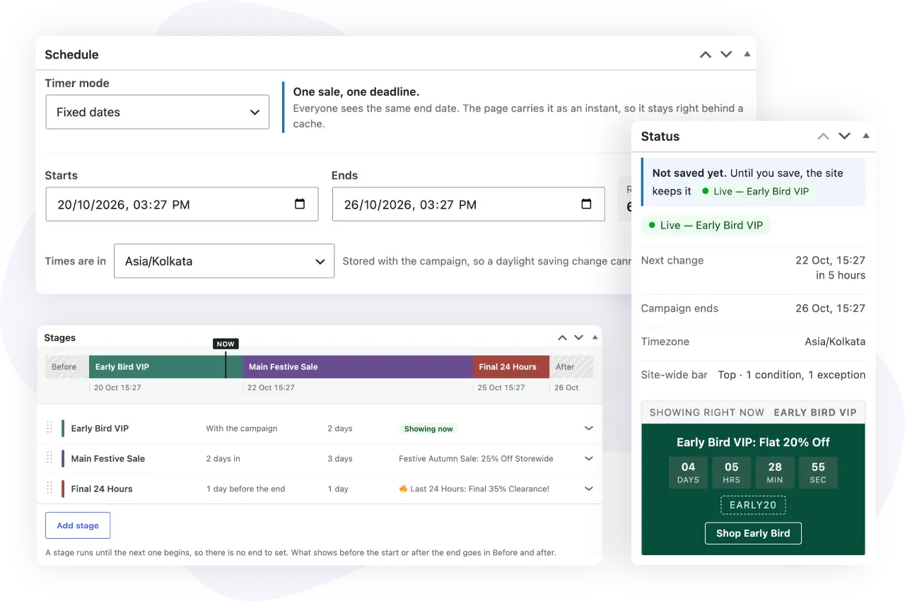 Campaign editor in Divi Countdown Extended with schedule, stage timeline and live status preview