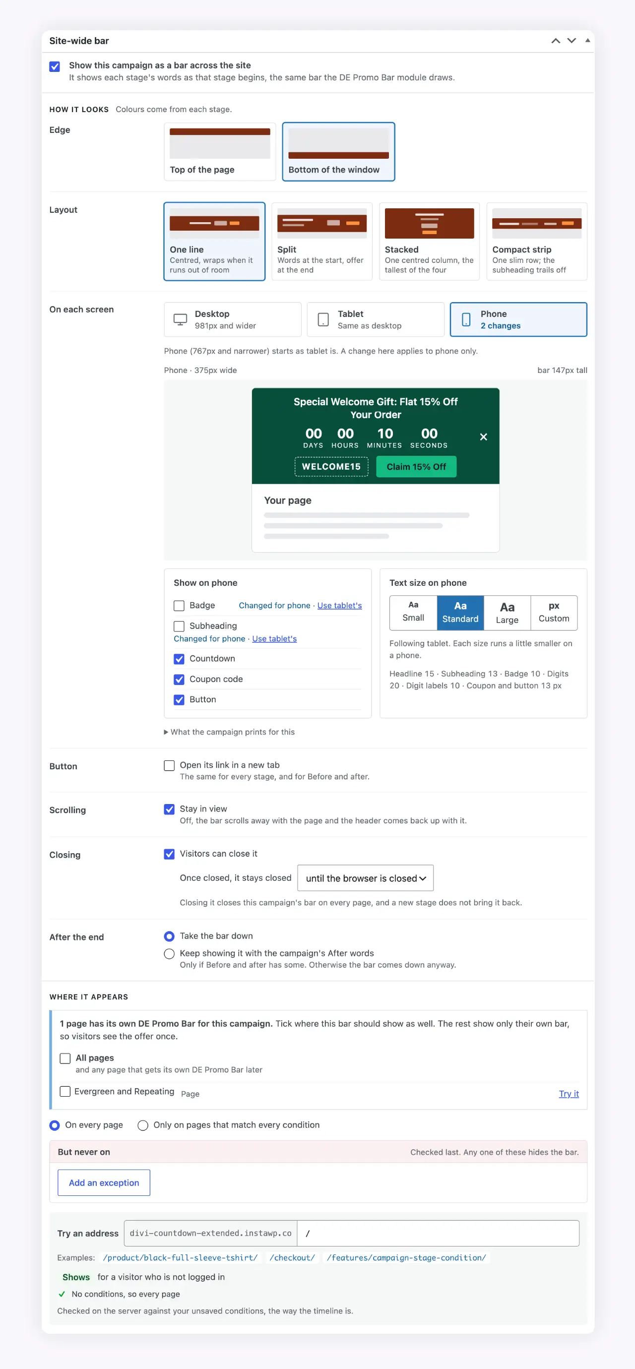 Site-wide bar settings with a phone preview and page targeting conditions
