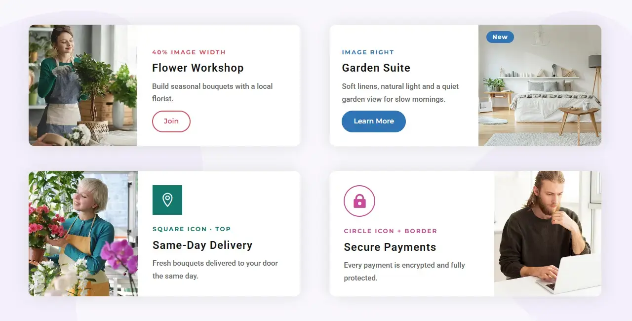 Split Card blurb layout for Divi with the image on one side and the text on the other