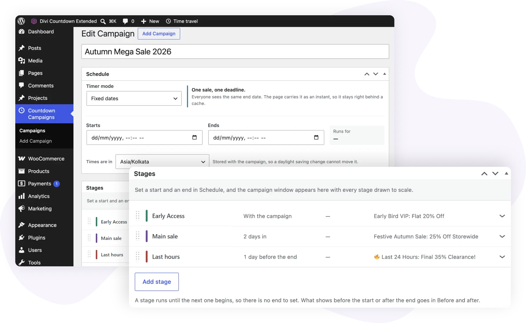 Early access, main sale and last hours stages in the Divi Countdown Extended stage editor
