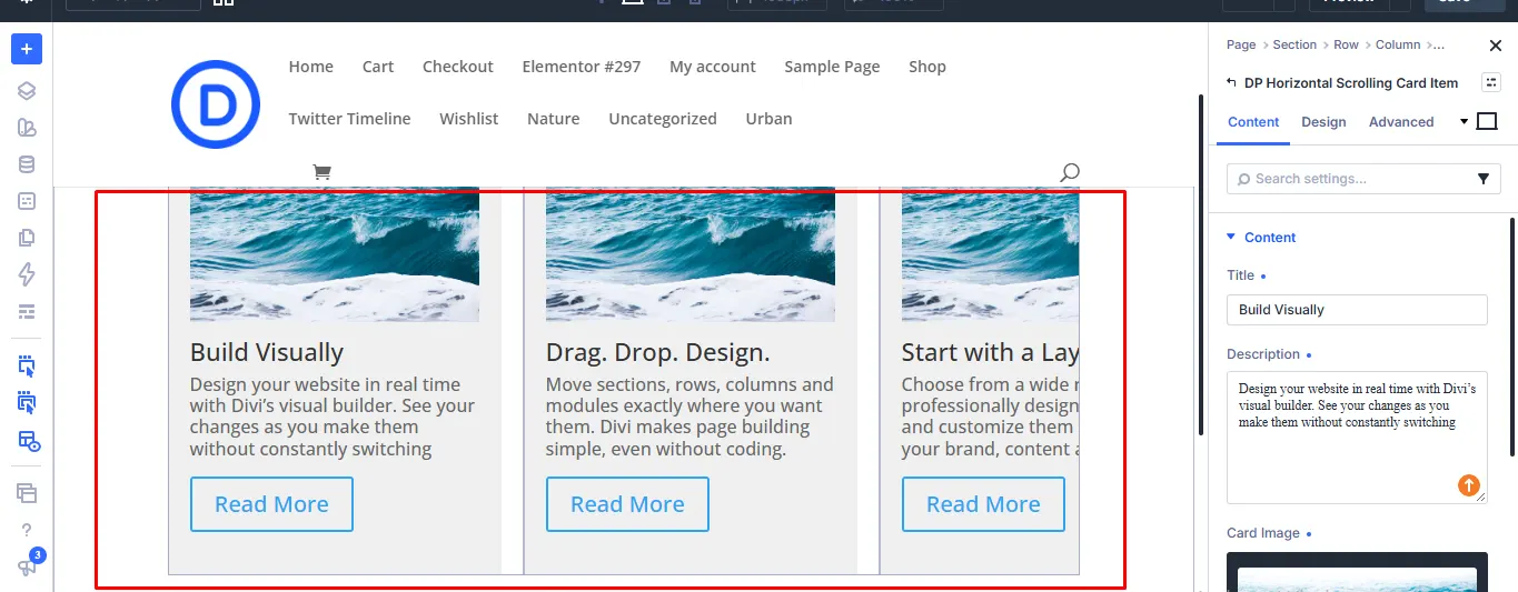 Three Horizontal Scrolling Card items displayed side by side in the Divi Visual Builder.