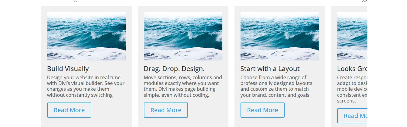 Front-end view of Horizontal Scrolling Card items with images, titles, descriptions, and Read More buttons.