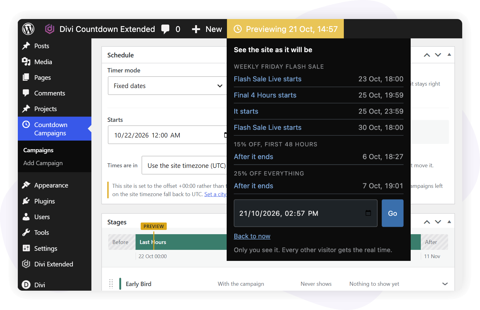 Time travel panel previewing upcoming campaign stage changes from the admin bar