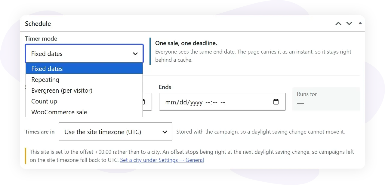 Timer mode menu with fixed dates, repeating, evergreen, count up and WooCommerce sale schedules