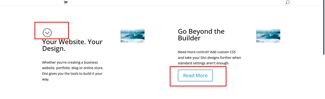 Front-end view of two Scroll Stack Cards, the first showing an icon and the second showing a Read More button.