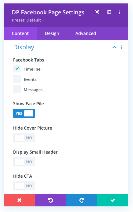 Facebook page display options