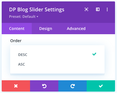 Divi post slider post ordering option